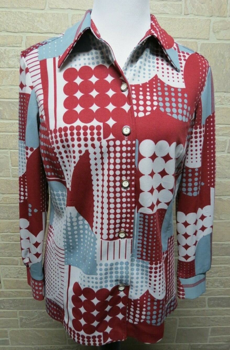 Vintage Size Lg ? Ladies Maroon Gray White Button Top Blouse Geometric